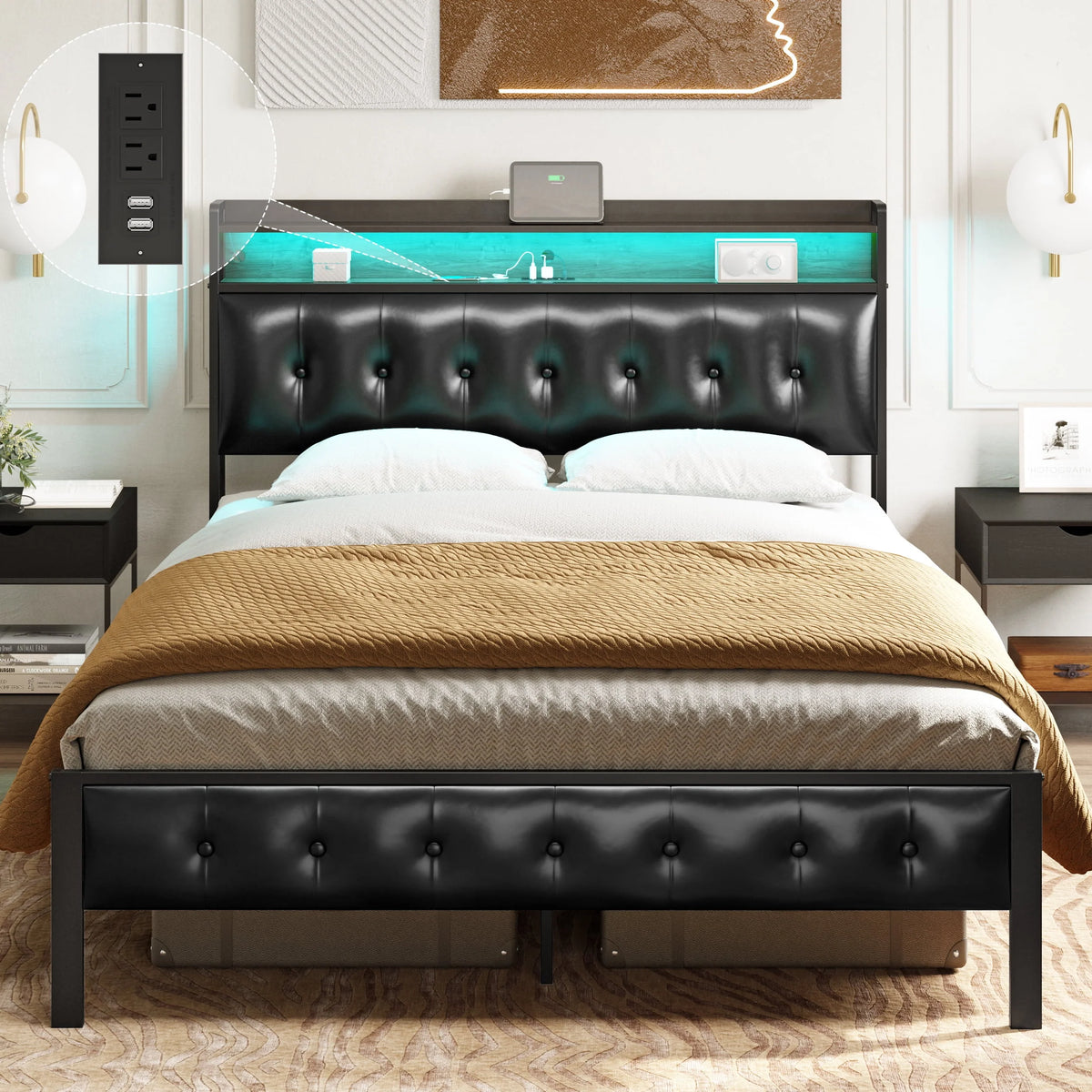 Queen Upholstered Platform Bed Frame with Storage Headboard A88214
