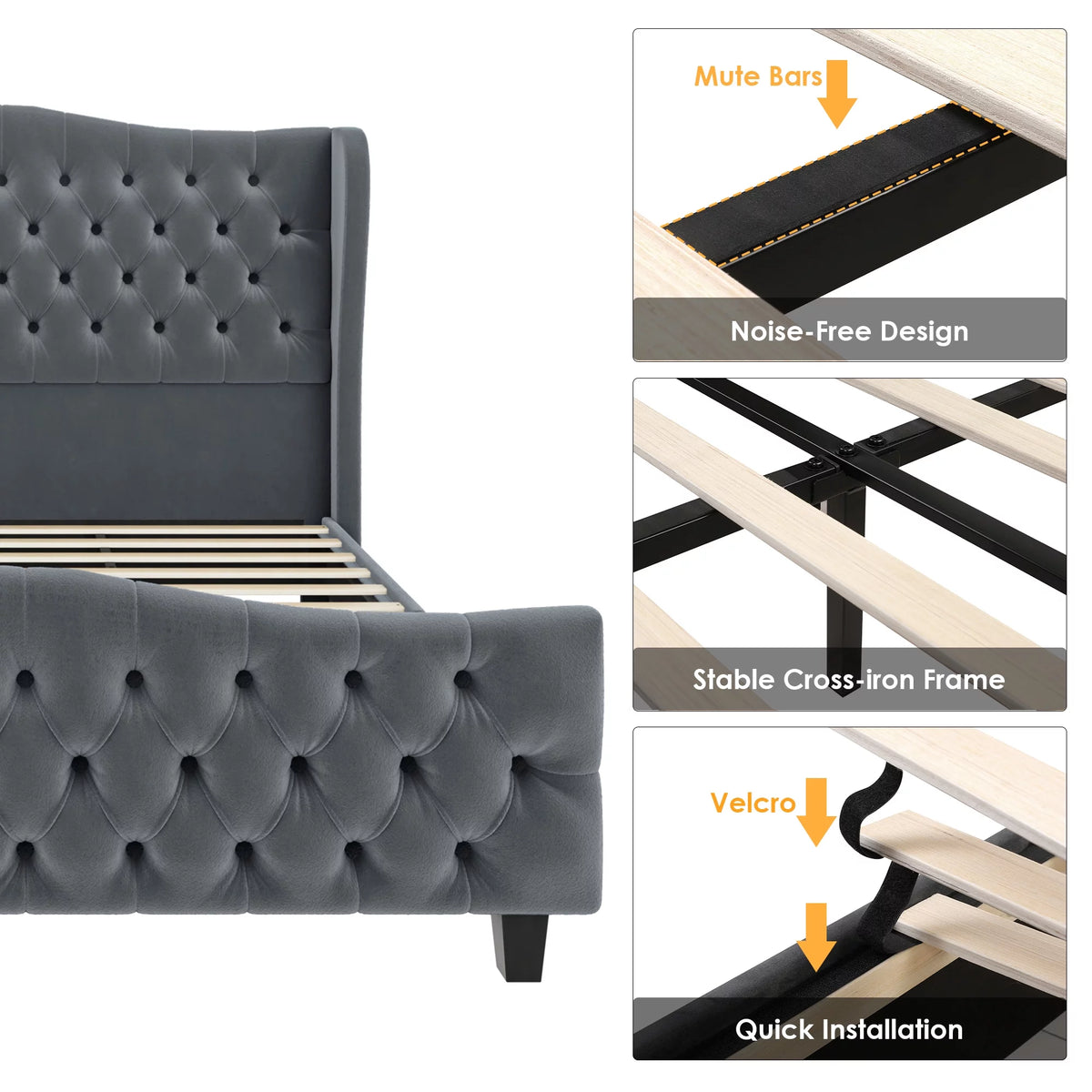 Queen Size Beige Velvet Tufted Upholstered Platform Bed Frame with Wingback Headboard F6518