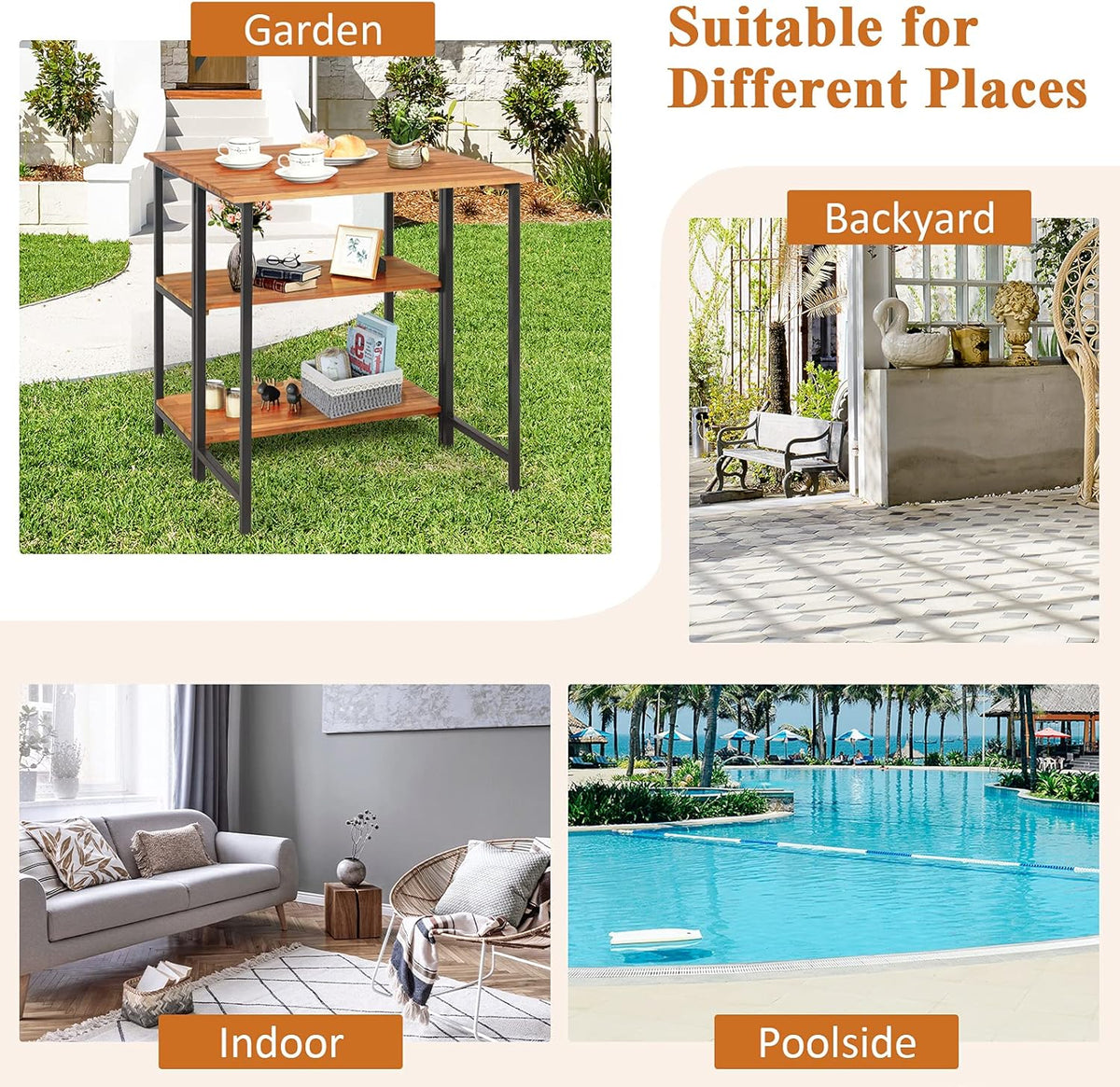 Acacia Wood Folding Patio Table with 2 Storage Shelves T97881