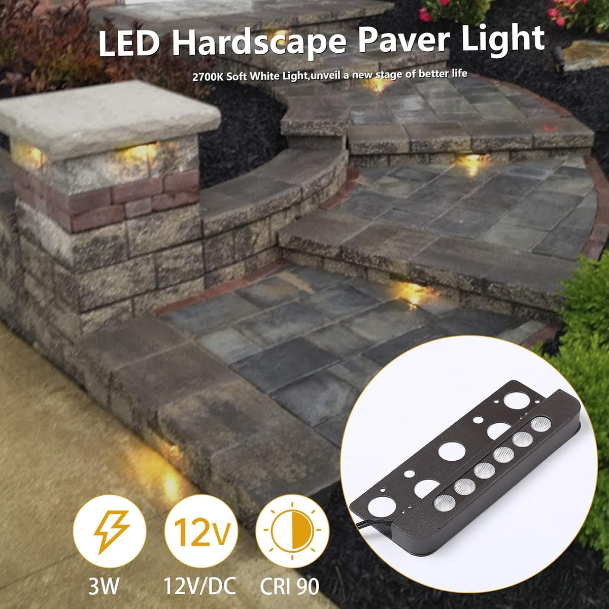 7 Inch 8-Pack 12V Low Voltage Hardscape Paver Light IP65 Waterproof 3W 2700K X322