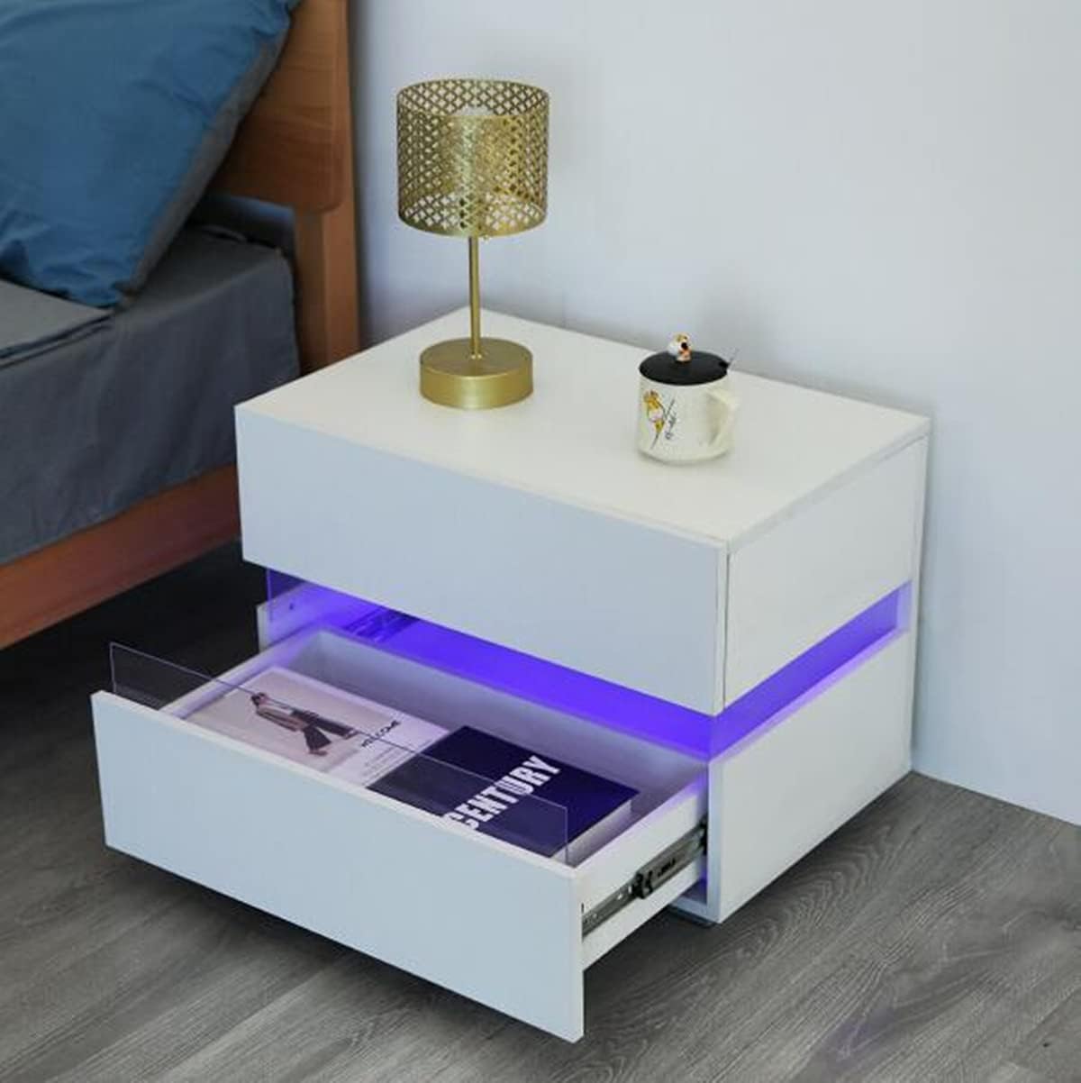 White 2 Drawer High Gloss LED Nightstand T451