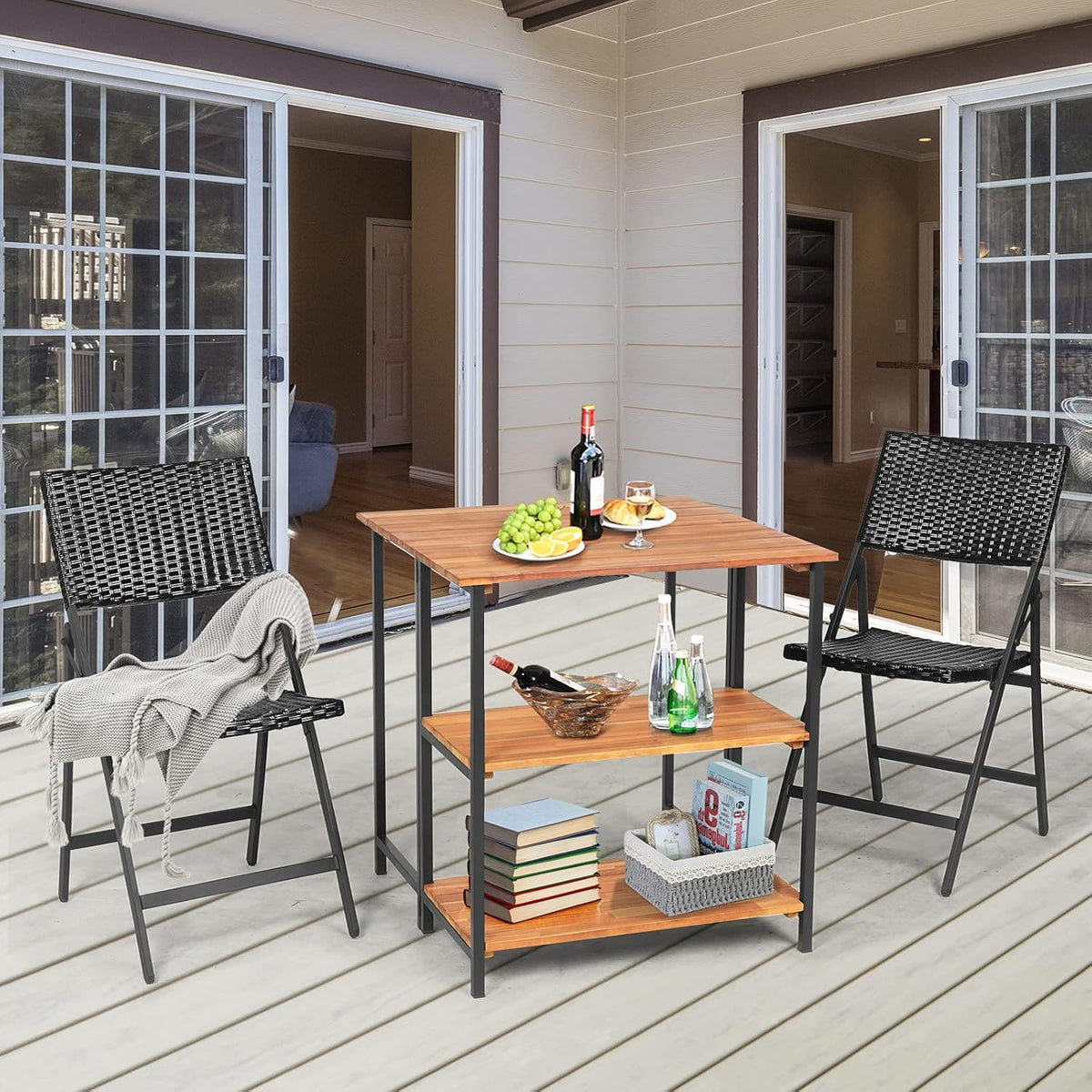 Acacia Wood Folding Patio Table with 2 Storage Shelves T97881