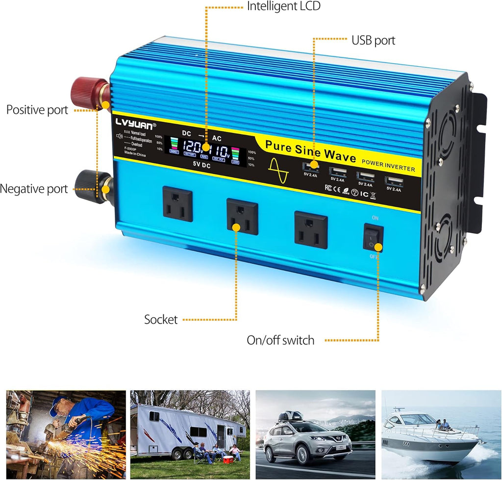 Pure Sine Wave Inverter 1600 Watts 12V to 110V with Remote Controller C835