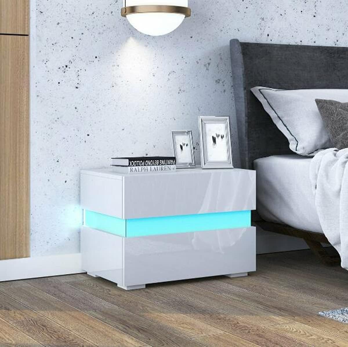 White 2 Drawer High Gloss LED Nightstand T451