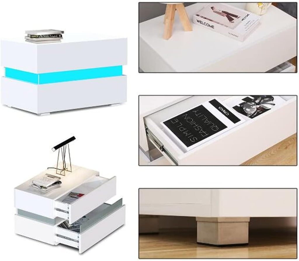 White 2 Drawer High Gloss LED Nightstand T451