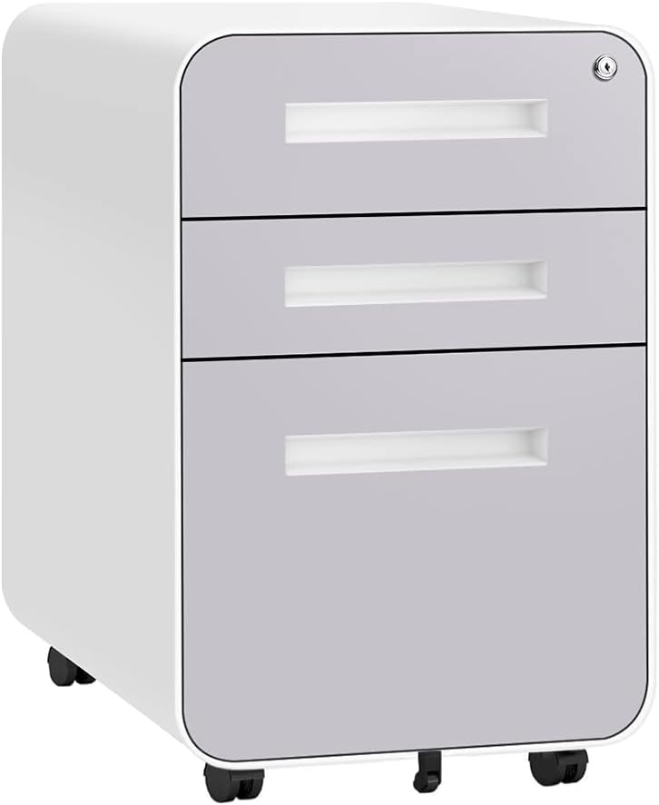 White 3 Drawer File Cabinet with Lock and Wheels U9832