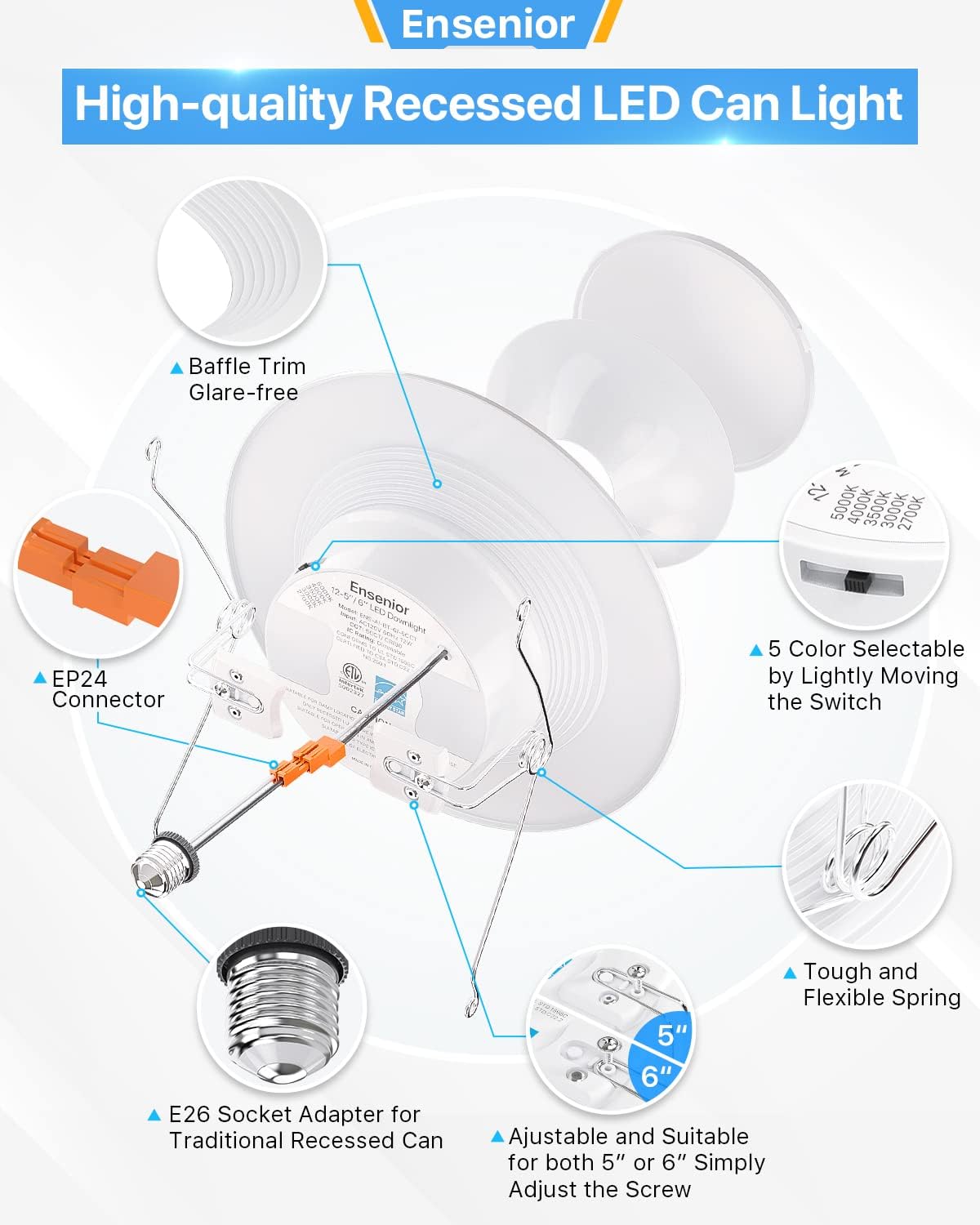 12 Pack 5/6 Inch LED Recessed Lighting, Dimmable Downlight V840