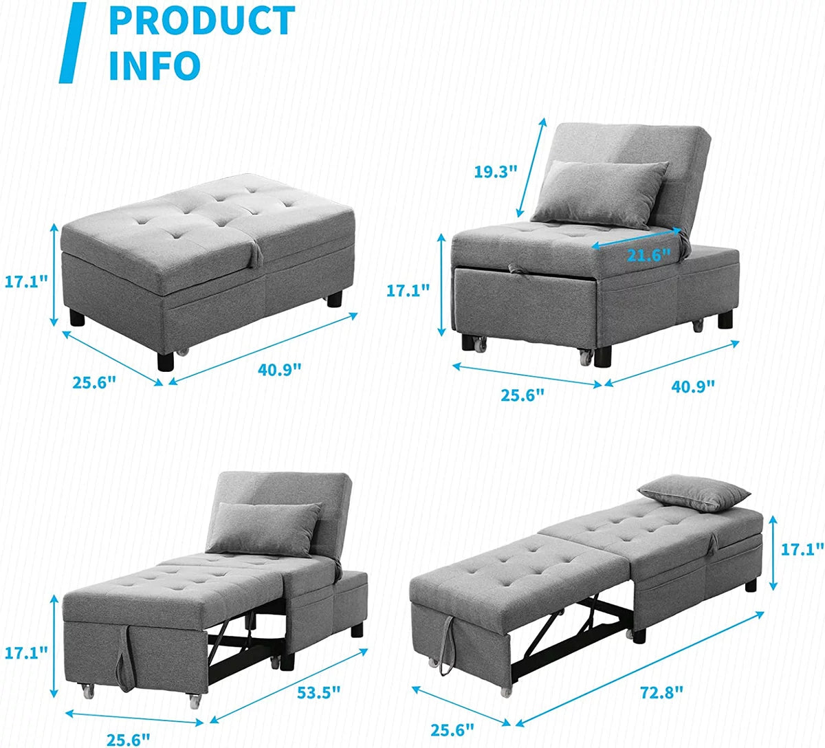 4-in-1 Convertible Sleeper Chair with Pillow Light Grey C8230