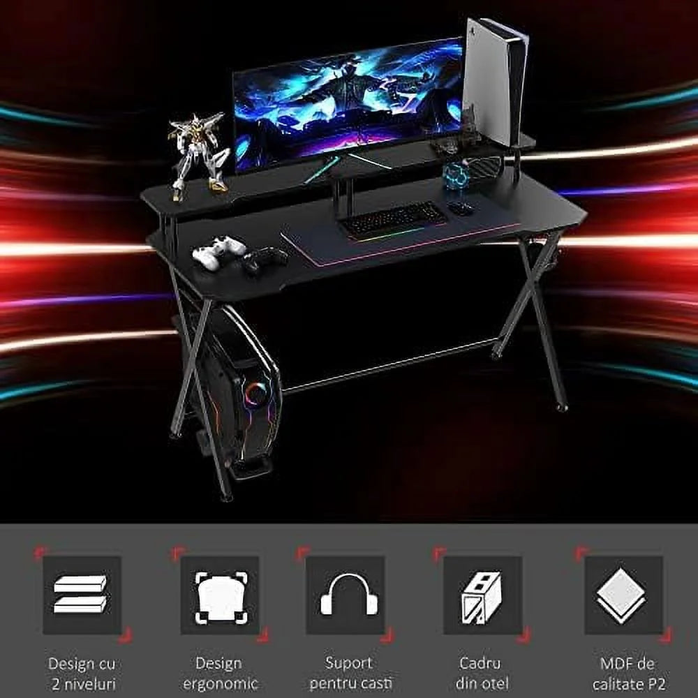 55 Inch Black Gaming Desk with Monitor Stand F5707