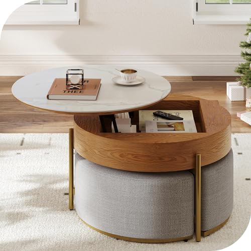 32" Round Marbling Pattern Slate Lift Top Coffee Table Set with Storage N62242