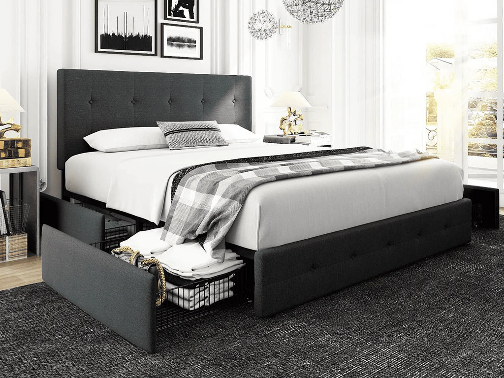 Queen Size Storage Bed Frame with 4 Drawers, Tufted Adjustable Headboard, Dark Grey E966129