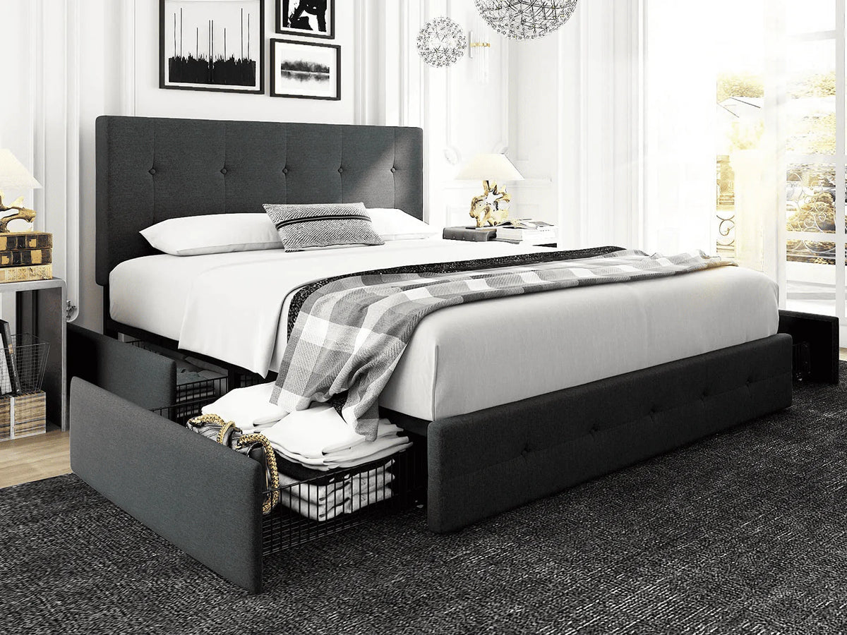 Queen Size Storage Bed Frame with 4 Drawers, Tufted Adjustable Headboard, Dark Grey E966129