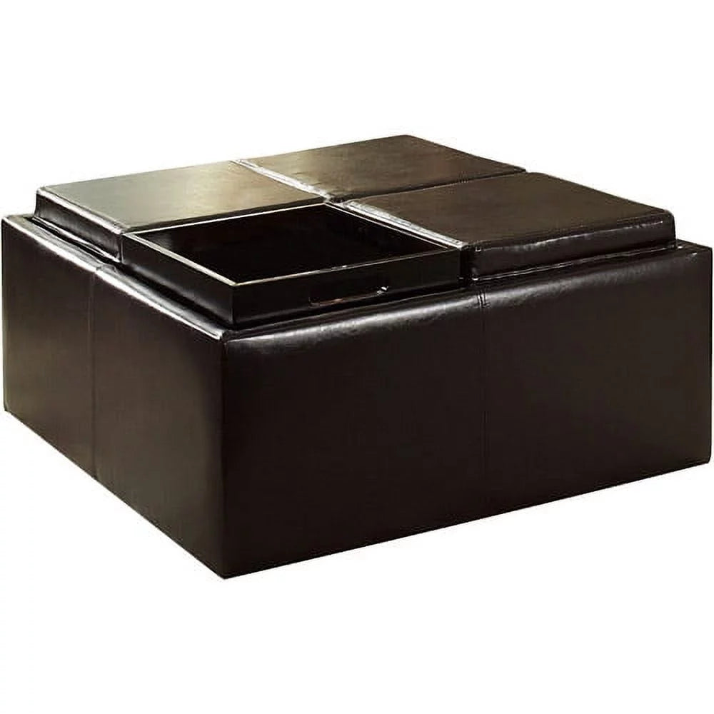 Dark Brown Faux Leather Storage Ottoman with 4 Trays I96435