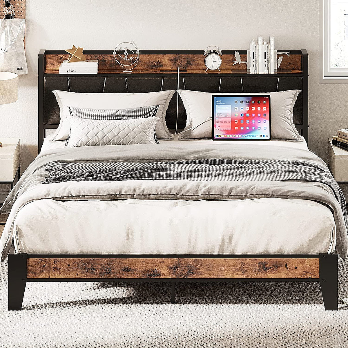 King Metal Bed Frame with Black Storage Headboard D226615