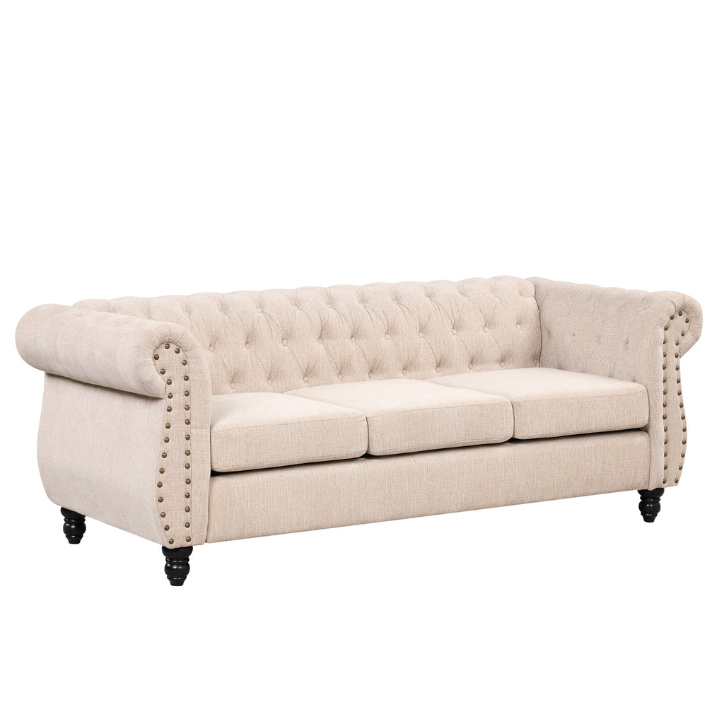 3 Seater Button Tufted Upholstered Sofa with Rolled Arms G2497
