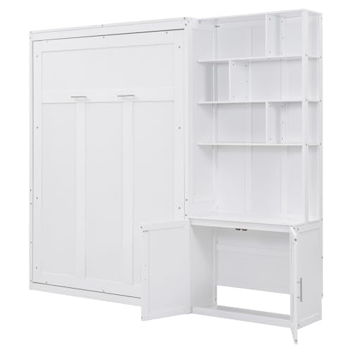 White Full Size Wood Murphy Bed with Storage Shelves and Cabinet W498594