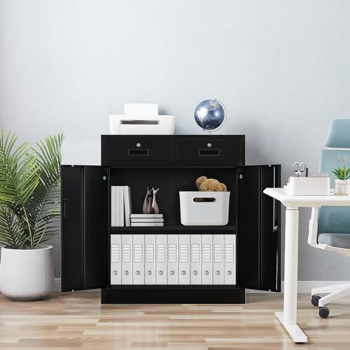 Black Metal Storage Cabinet with Adjustable Shelf and 2 Drawers G738