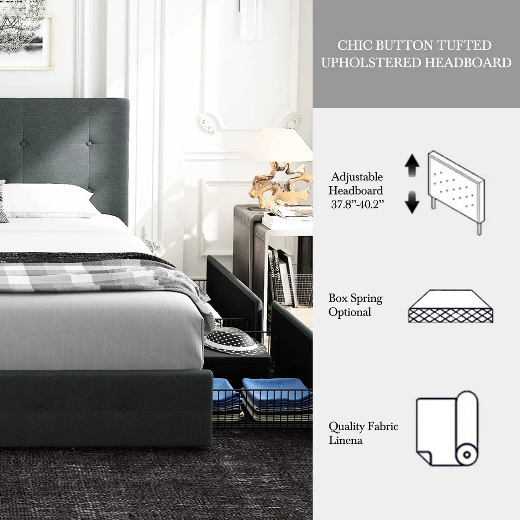 Queen Size Storage Bed Frame with 4 Drawers, Tufted Adjustable Headboard, Dark Grey E966129