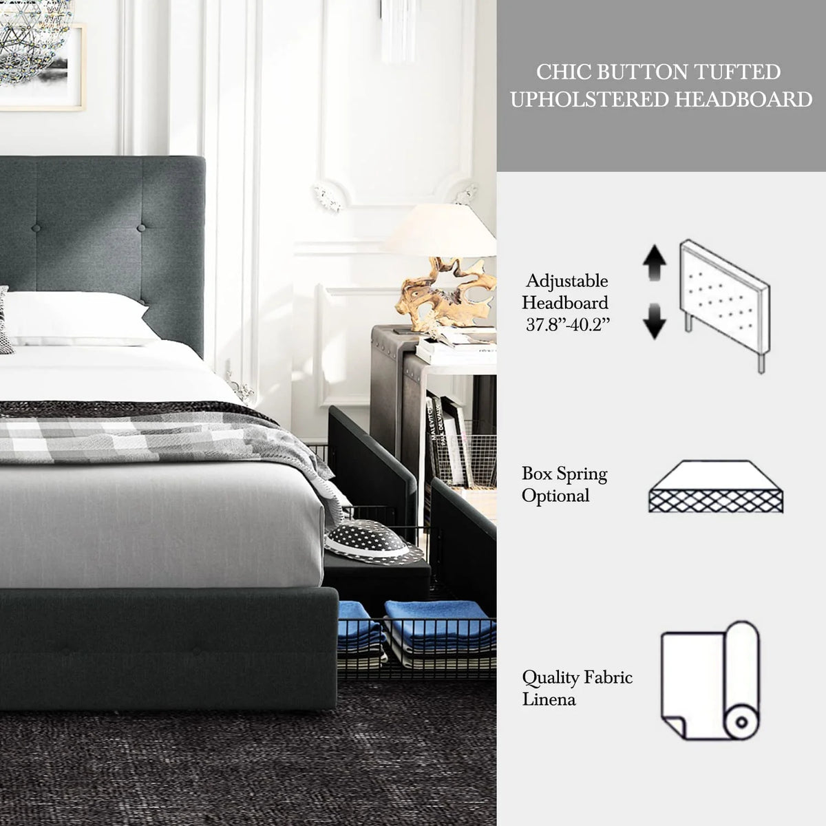 Queen Size Storage Bed Frame with 4 Drawers, Tufted Adjustable Headboard, Dark Grey E966129