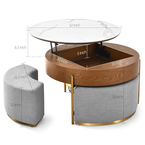 32" Round Marbling Pattern Slate Lift Top Coffee Table Set with Storage N62242