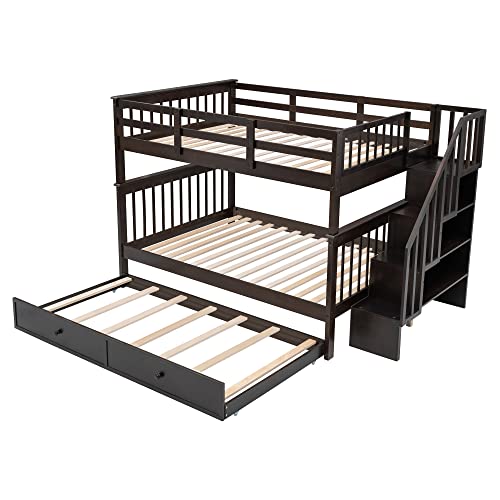 Full Over Full Wood Bunk Bed with Twin Trundle and Stairs, White N1296