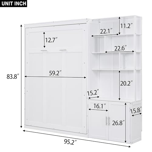 White Full Size Wood Murphy Bed with Storage Shelves and Cabinet W498594