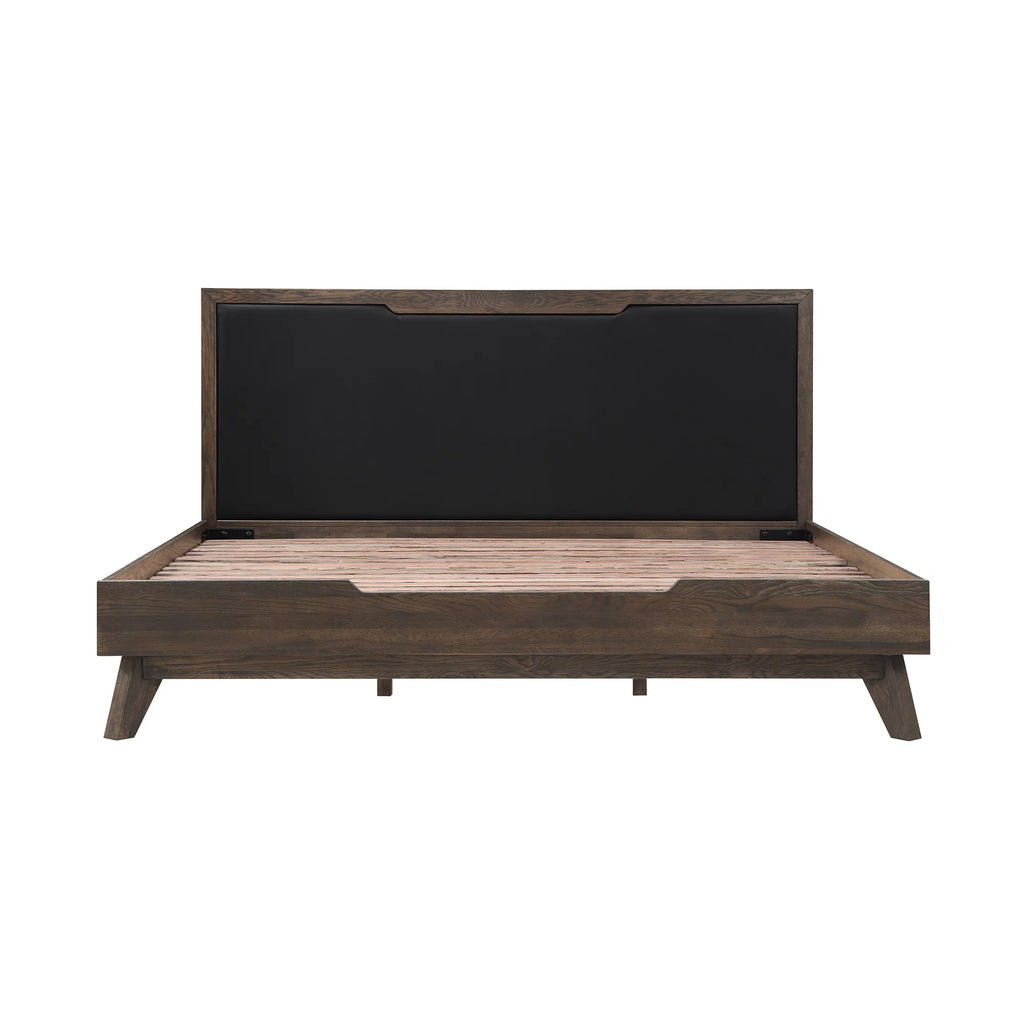 Oak Wood King Platform Bed with Faux Leather Headboard J7328
