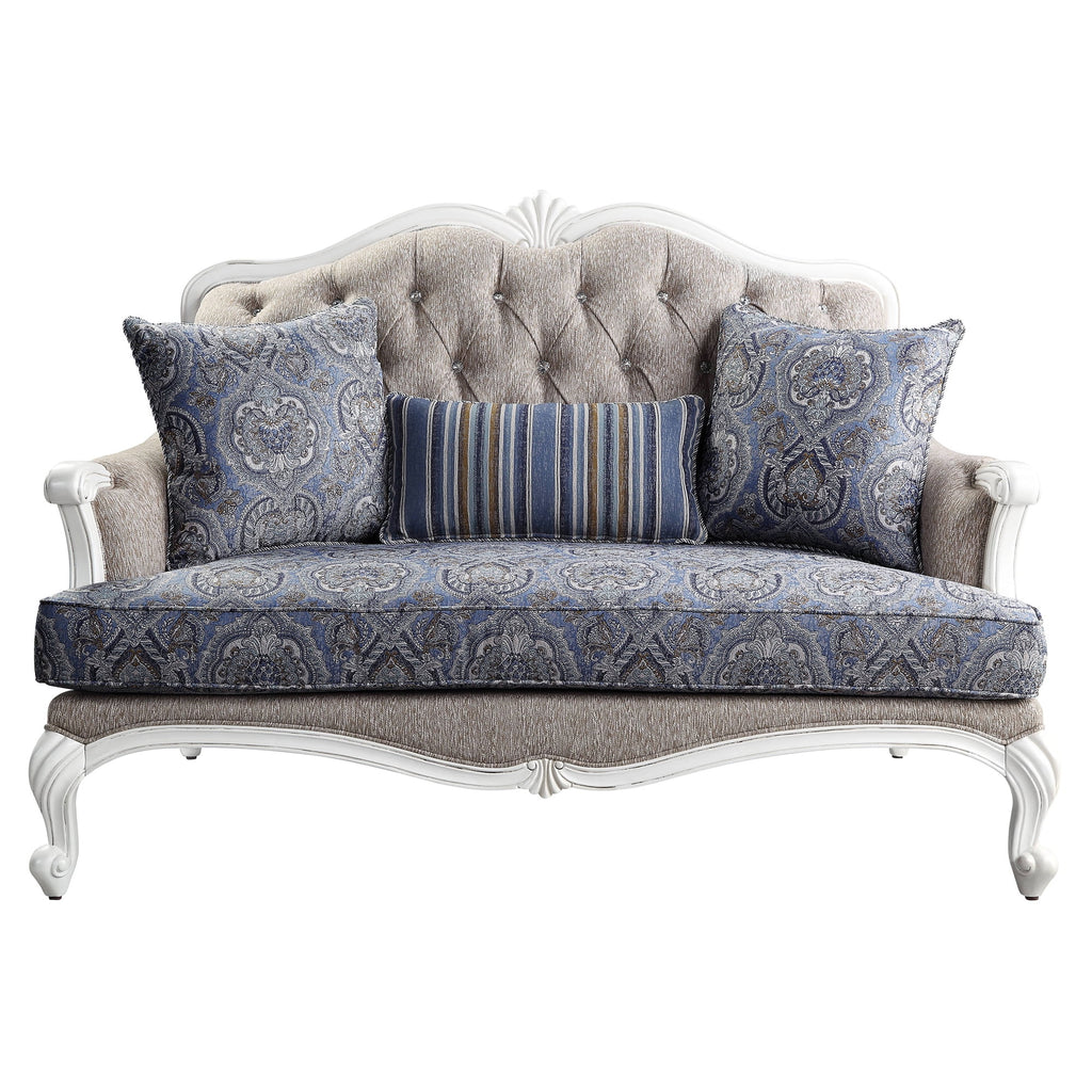 Beige and White Loveseat with 3 Pillows U129