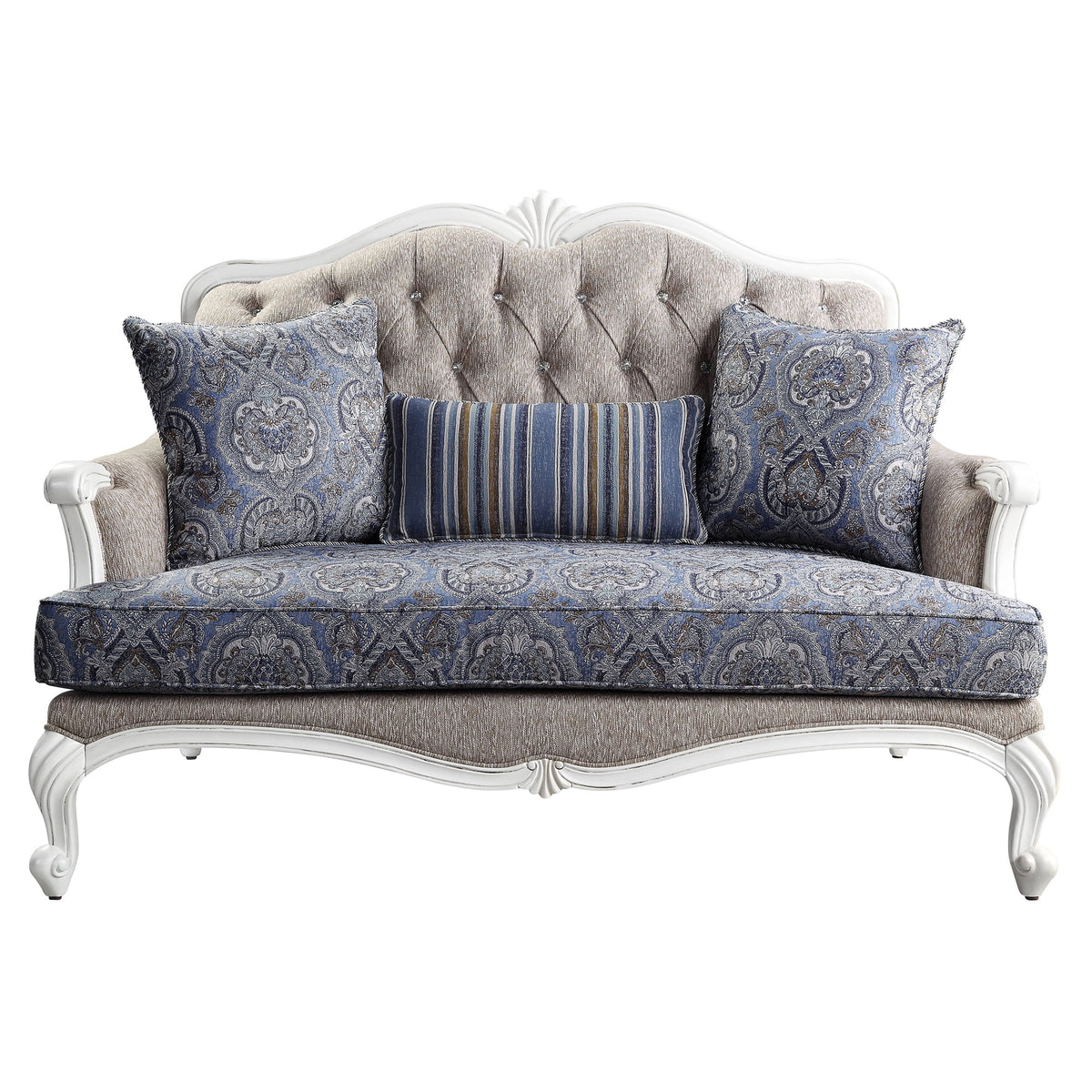 Beige and White Loveseat with 3 Pillows U129