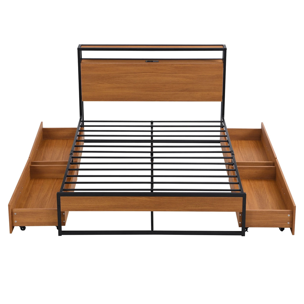 Metal Platform Bed Frame with Four Drawers and Wooden Headboard R85711