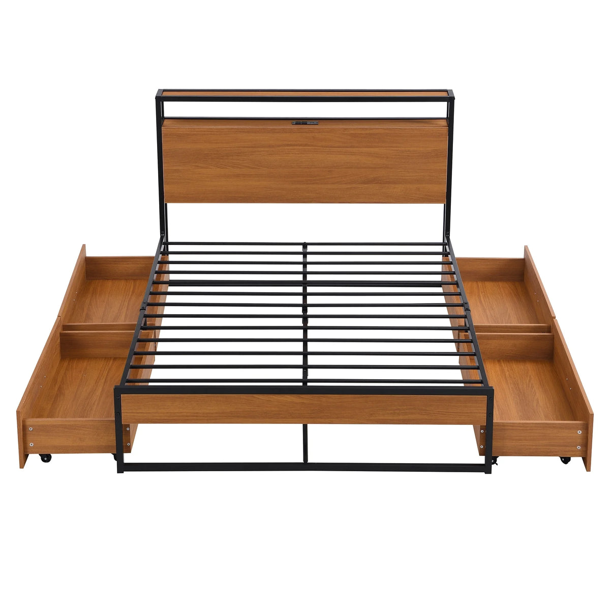 Metal Platform Bed Frame with Four Drawers and Wooden Headboard R85711