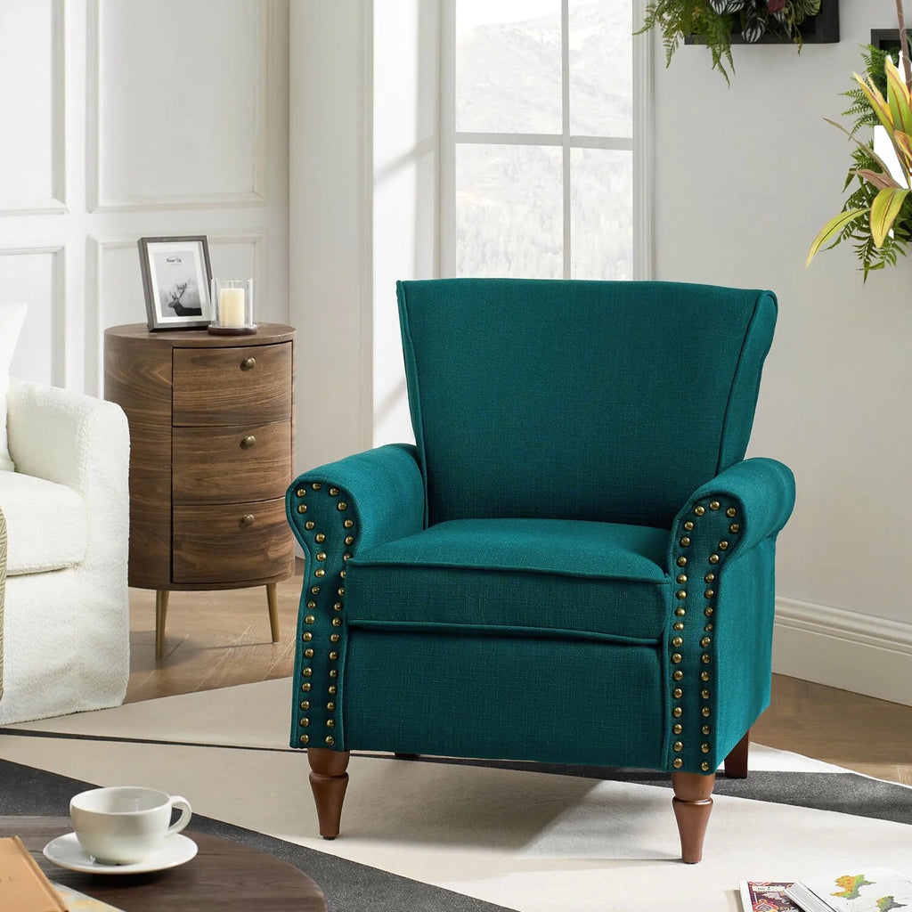 Teal Upholstered Accent Chair with Turned Wooden Legs and Nailhead Trim B387