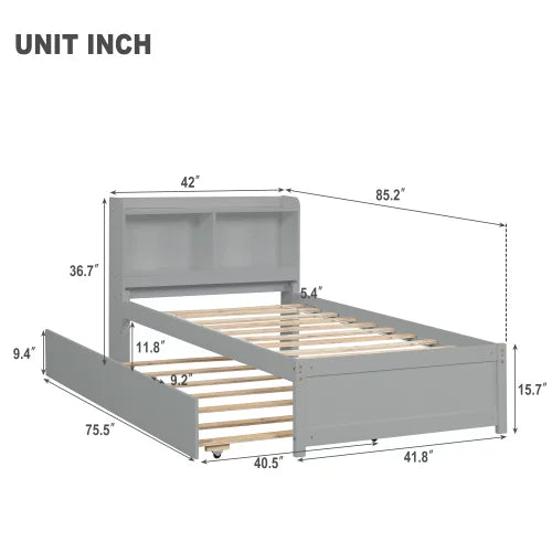White Twin Size Wood Platform Bed with Trundle and Storage Headboard I37018