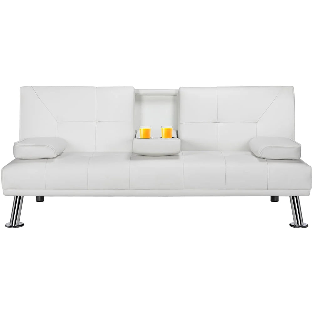 Gray Faux Leather Futon with Cupholders and Pillows J4372