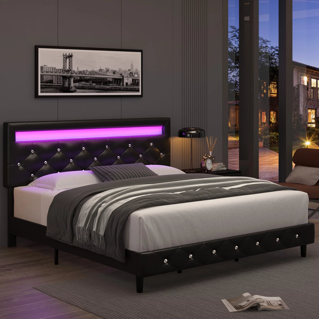 Queen Size LED Upholstered Platform Bed Frame with Adjustable Headboard E98544