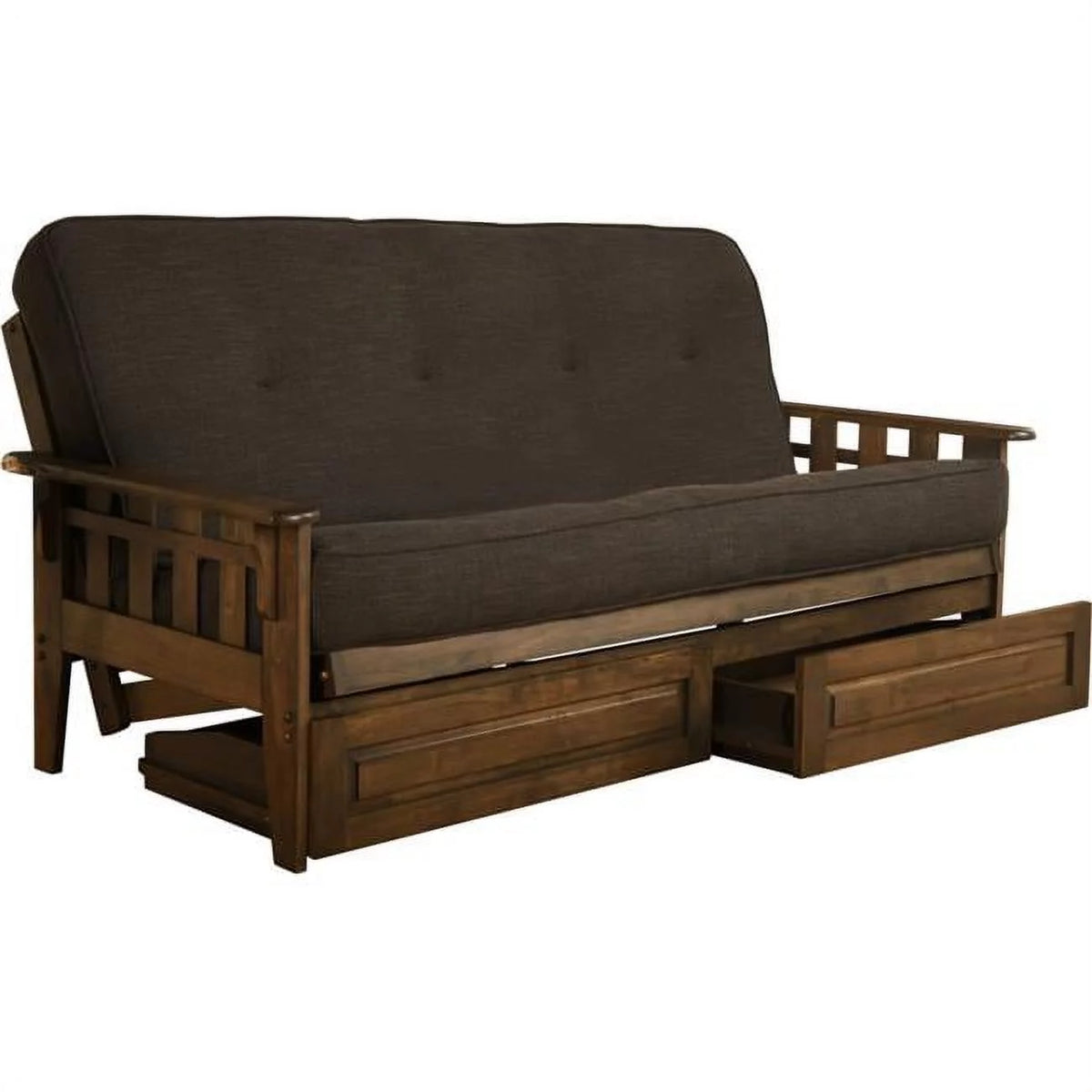 Walnut Full Size Futon Frame with Charcoal Mattress & Storage Drawers Y7525