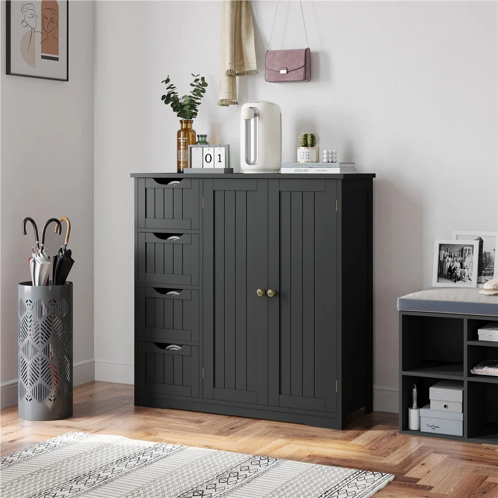 Black 4 Drawer Wooden Floor Storage Cabinet with Adjustable Shelf W109338