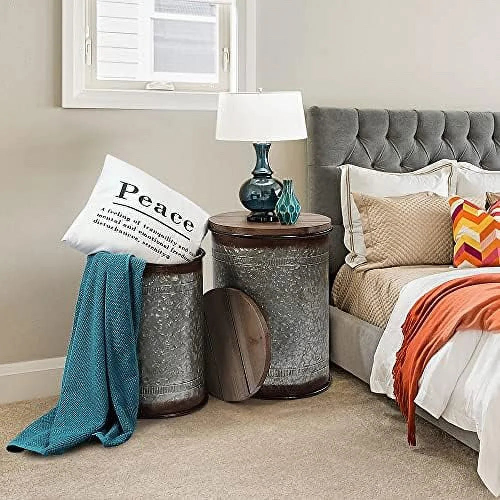 Farmhouse Accent Side Table Ottoman Seat Stool Metal End Table Box Bin with Round Wood Lid C177