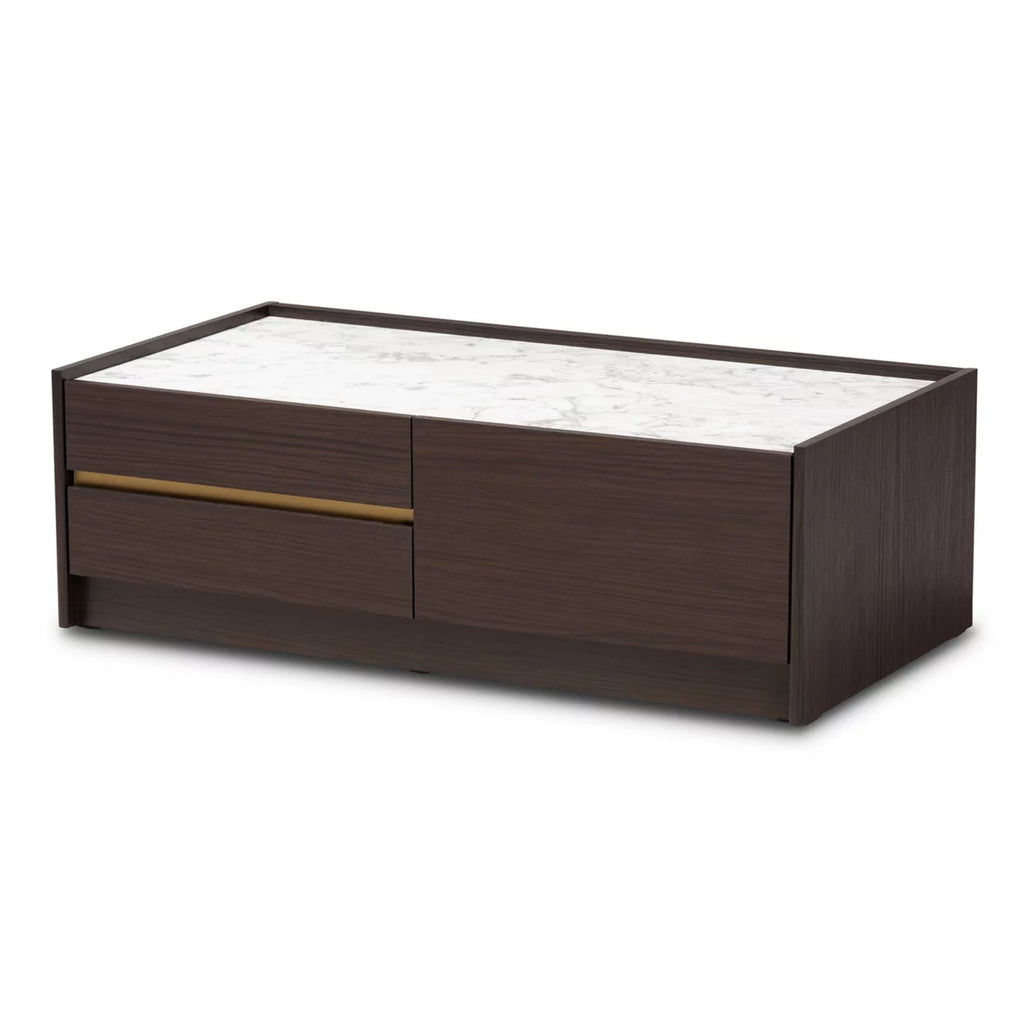 Dark Brown Gold Wood Coffee Table with Faux Marble Top A82026