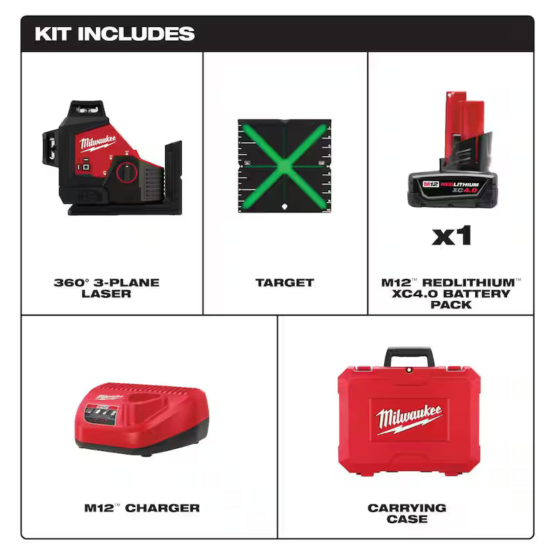 12-Volt Cordless Green 3-Plane Laser Level Kit X3427