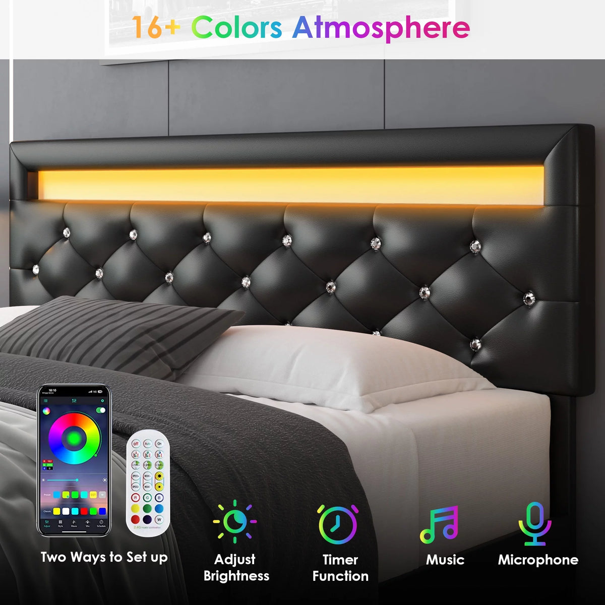 Queen Size LED Upholstered Platform Bed Frame with Adjustable Headboard E98544