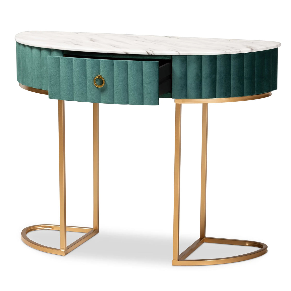 Green Velvet 1-Drawer Console Table with Faux Marble Tabletop S2217
