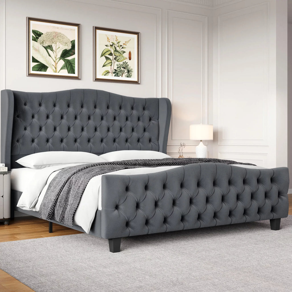 Queen Size Beige Velvet Tufted Upholstered Platform Bed Frame with Wingback Headboard F6518