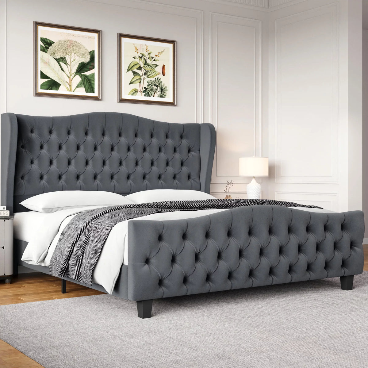 Queen Size Beige Velvet Tufted Upholstered Platform Bed Frame with Wingback Headboard F6518
