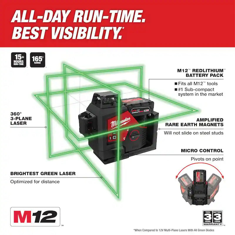 12-Volt Cordless Green 3-Plane Laser Level Kit X3427
