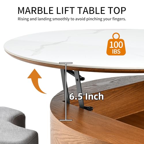 32" Round Marbling Pattern Slate Lift Top Coffee Table Set with Storage N62242