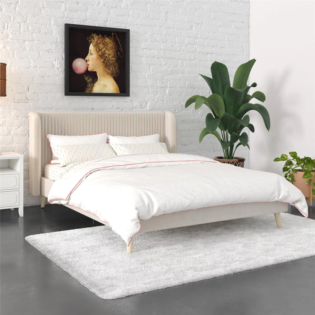 Ivory Velvet Queen Upholstered Bed I4950