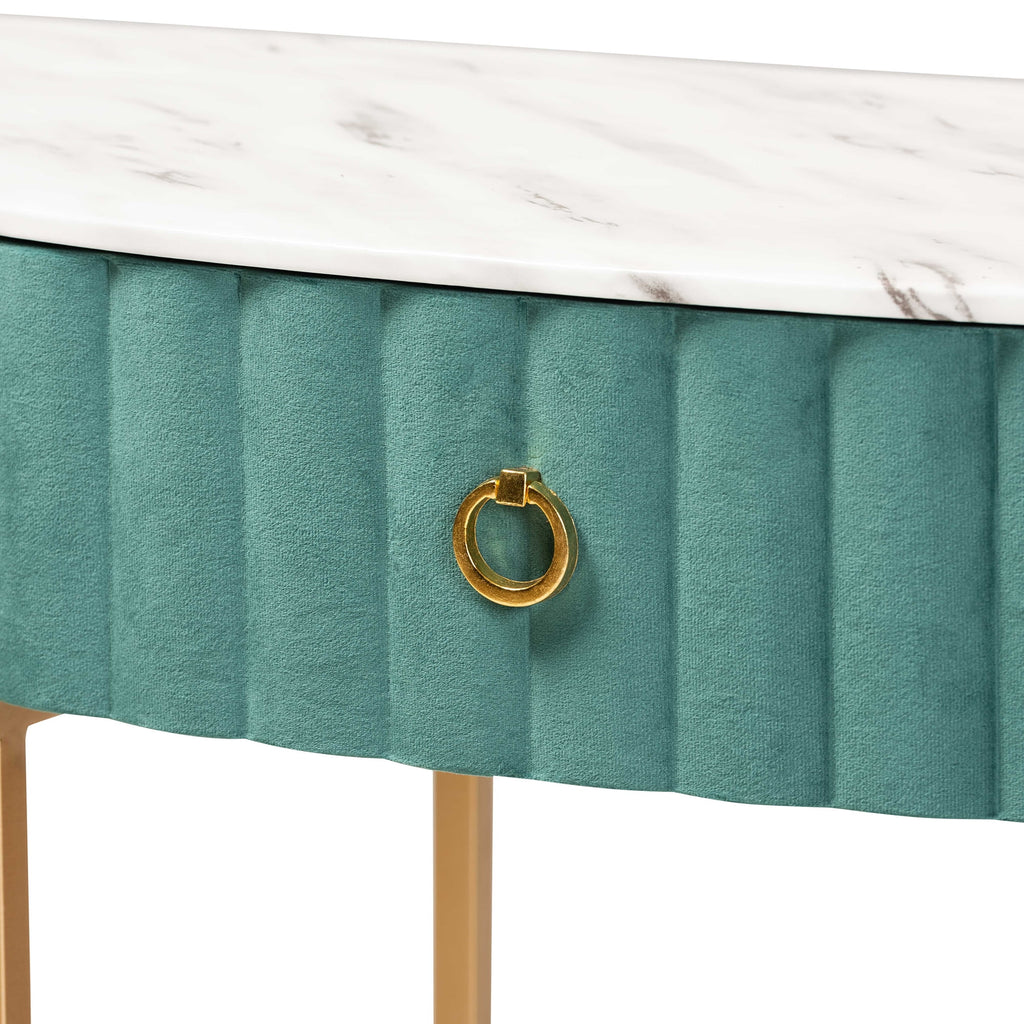 Green Velvet 1-Drawer Console Table with Faux Marble Tabletop S2217