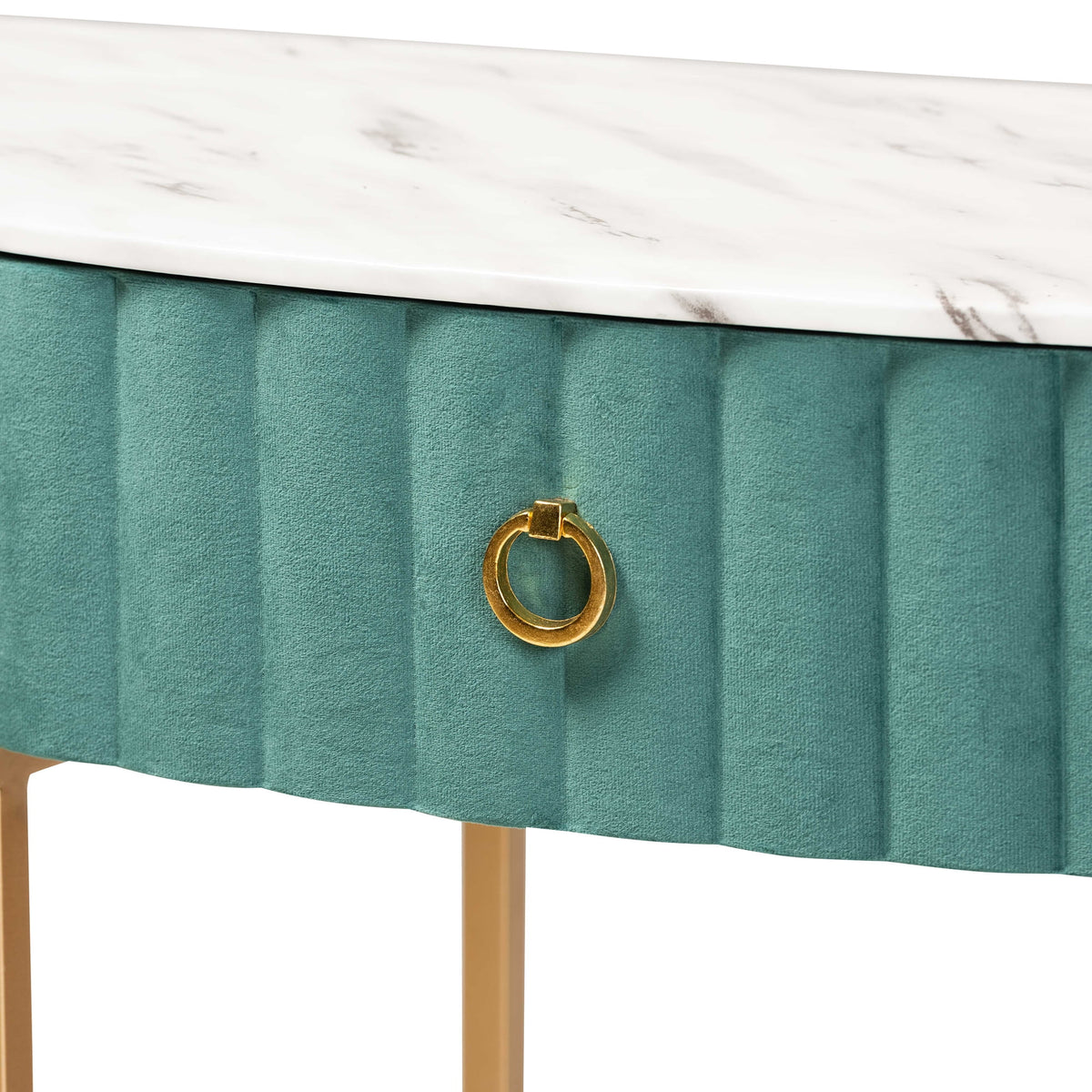 Green Velvet 1-Drawer Console Table with Faux Marble Tabletop S2217