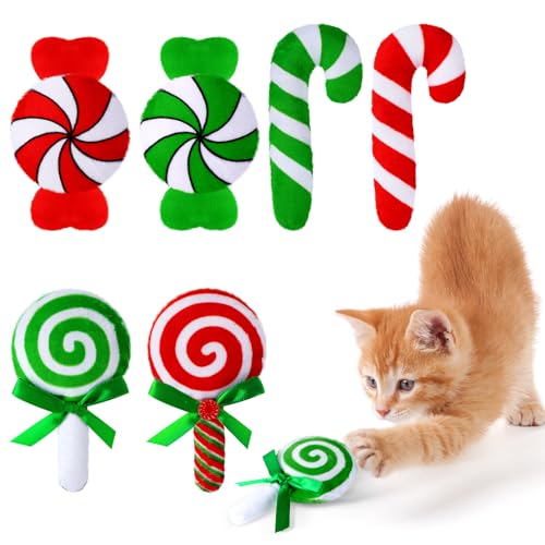 6 Pcs Catnip Cat Toys Peppermint Candy Cane Cat Chew Toy Soft Interactive Kitten Teething Toys Cat Pillow G308
